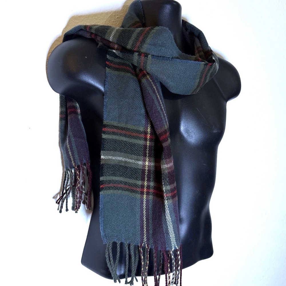 James Pringle Weavers Scarf OS Blue Plaid Heritage Dark Academia Fringed Preppy